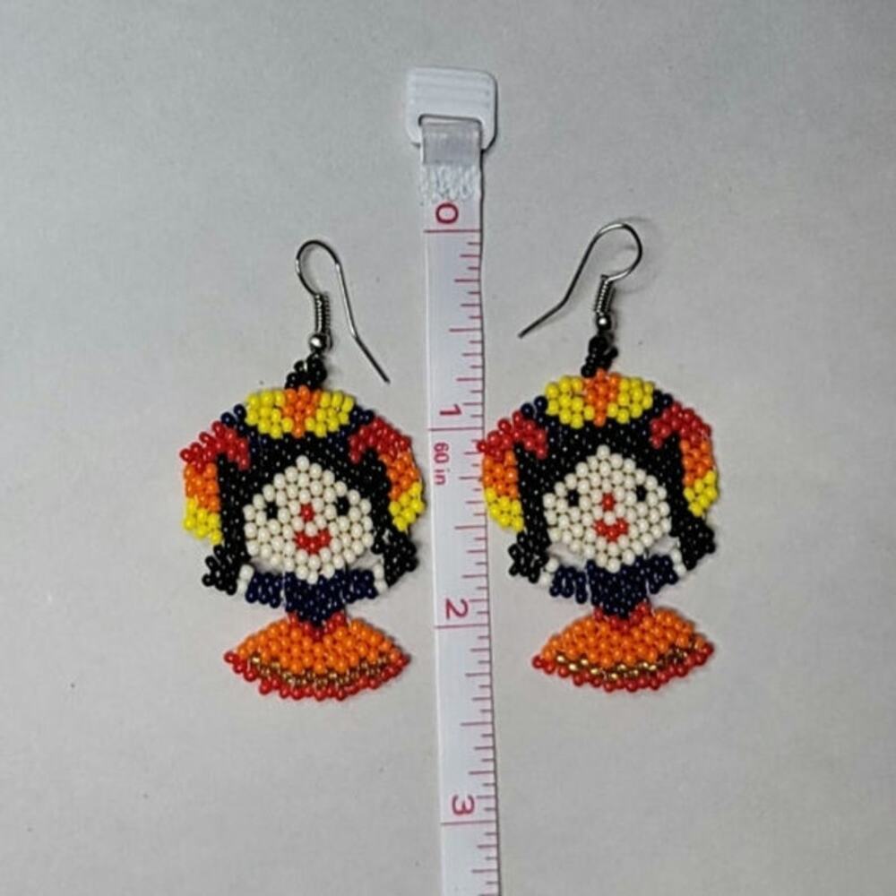 Handmade Otomi Doll Lightweight Beaded Earrings Black Orange Yellow & Cream - Picture 6 of 7